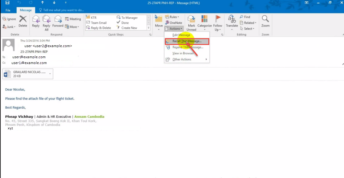 How to ReCall a sent email in Outlook 2016 Microsoft