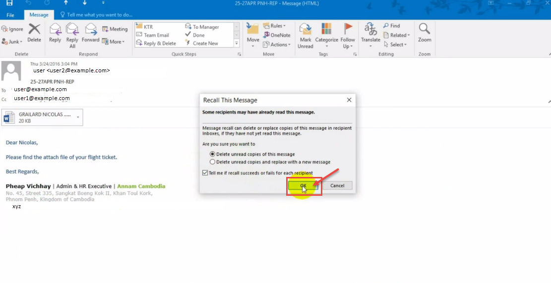 How to ReCall a sent email in Outlook 2016 Microsoft
