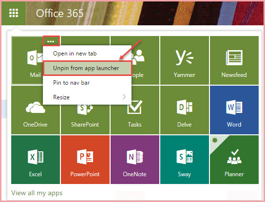office 365 remove apps from launcher