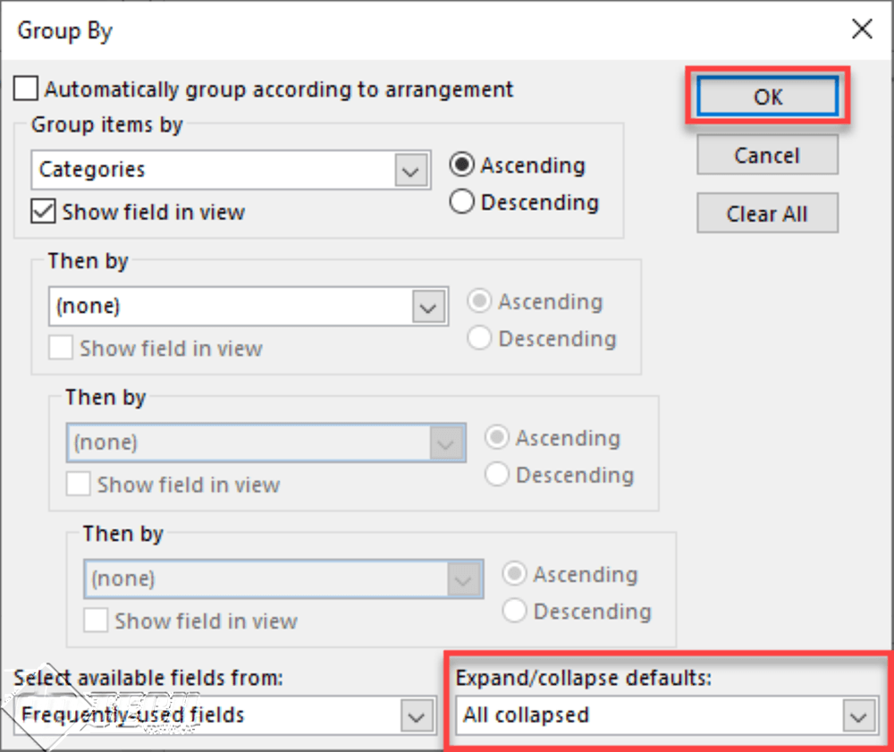 How to fix the group by expand-collpase defaults in Outlook 2019 views