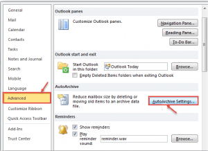 outlook 2010 3 advanced for auto archive settings