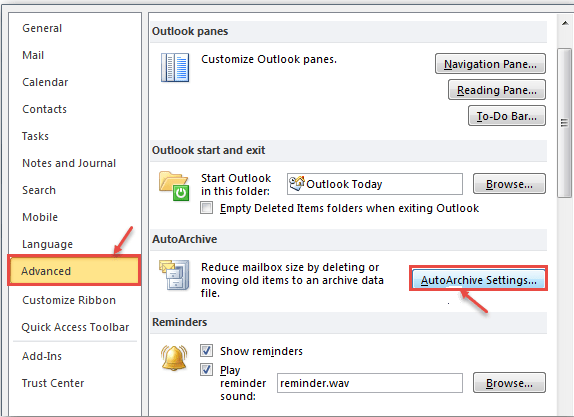 outlook 2010 3 advanced for auto archive settings