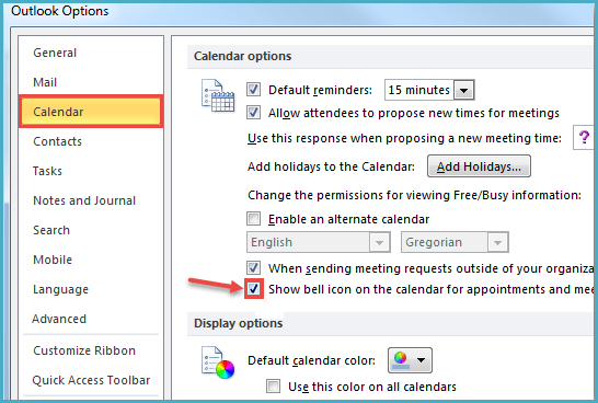 outlook 2010 3 calendar for reminder bell