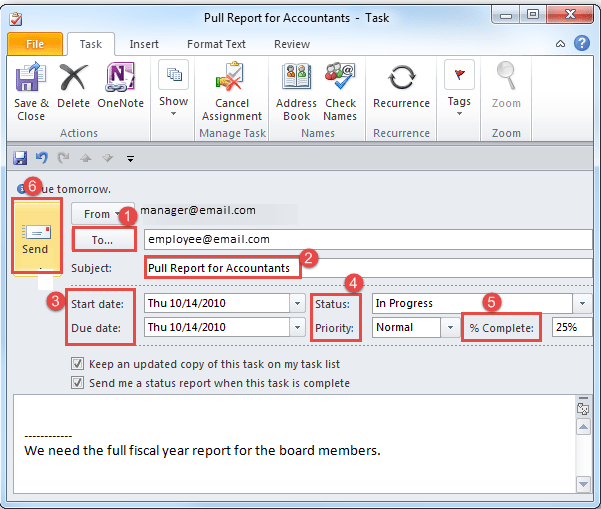 outlook 2010 3 email account to assign task