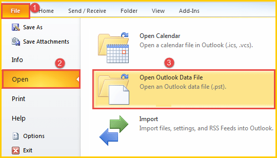 outlook 2010 9 open outlook data files