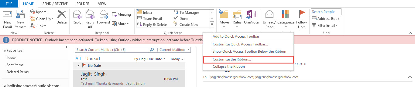 outlook 2013 1 customize ribbon