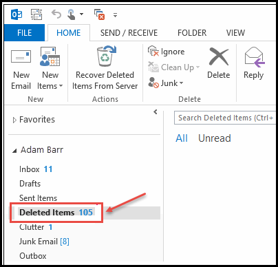 outlook 2013 1 deleted items