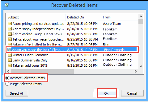 outlook 2013 2 recover selected item