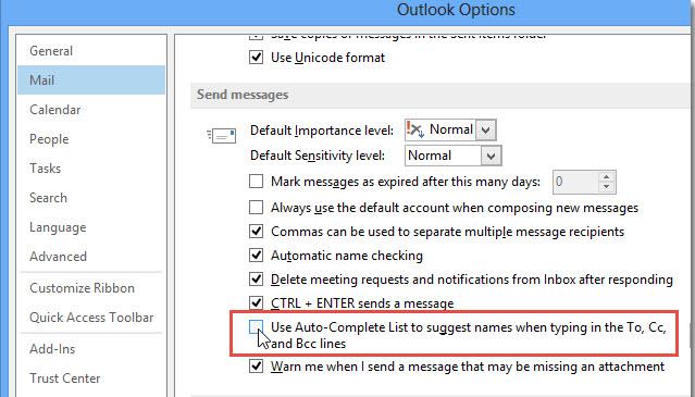 outlook 2013 4 disable auto complete list