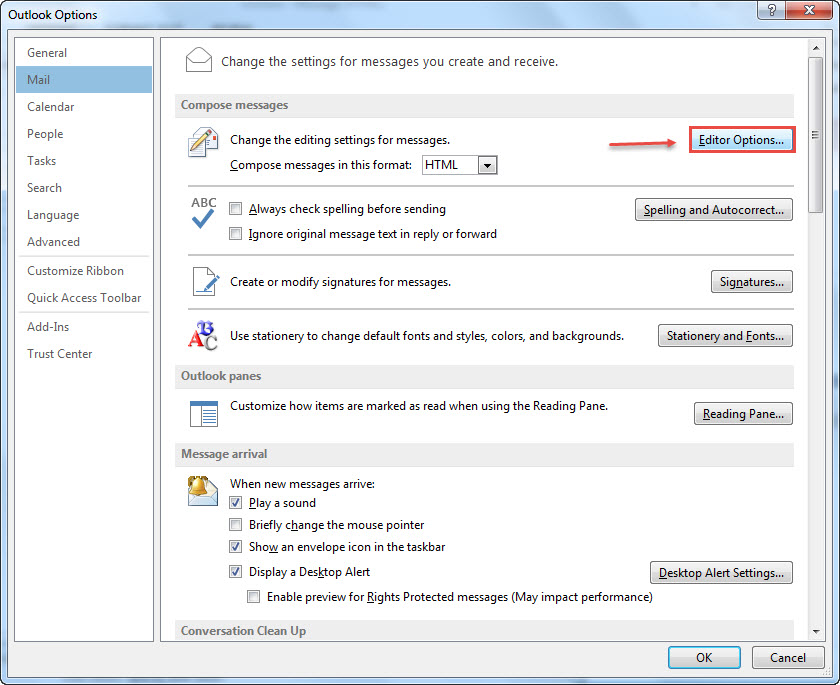 outlook 2013 4 editor options