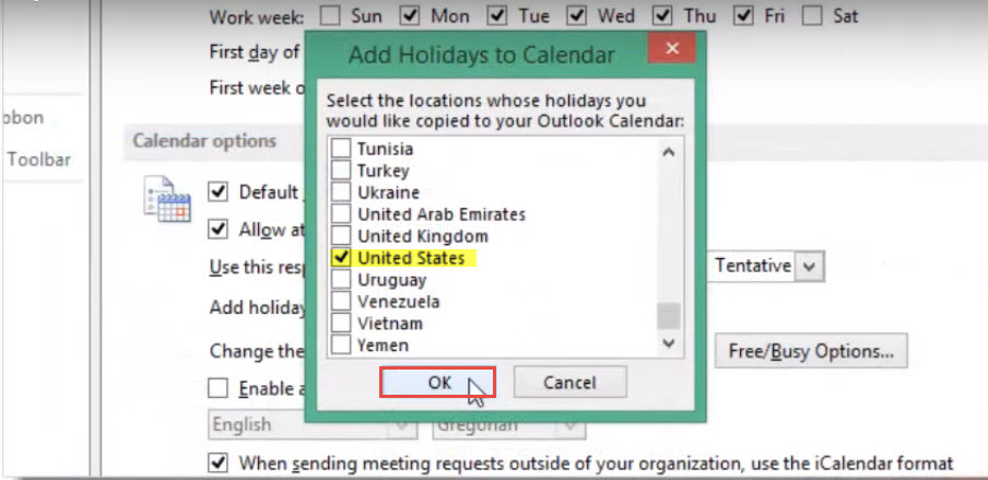outlook 2013 5 add holiday select location