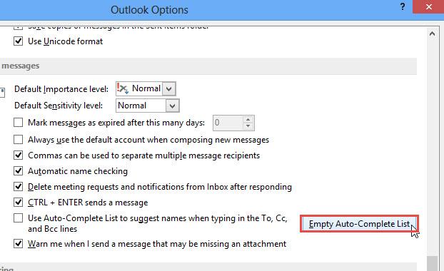 outlook 2013 5 disable auto complete empty list