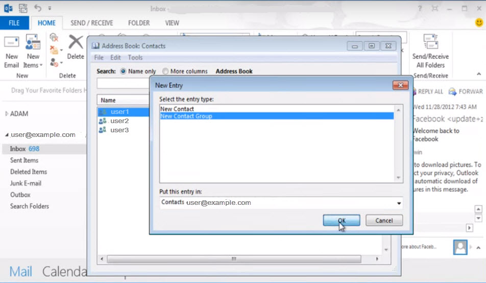 outlook 2013 5 distribution list new contact group ok