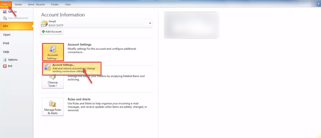 outlook 2013 6 account setting