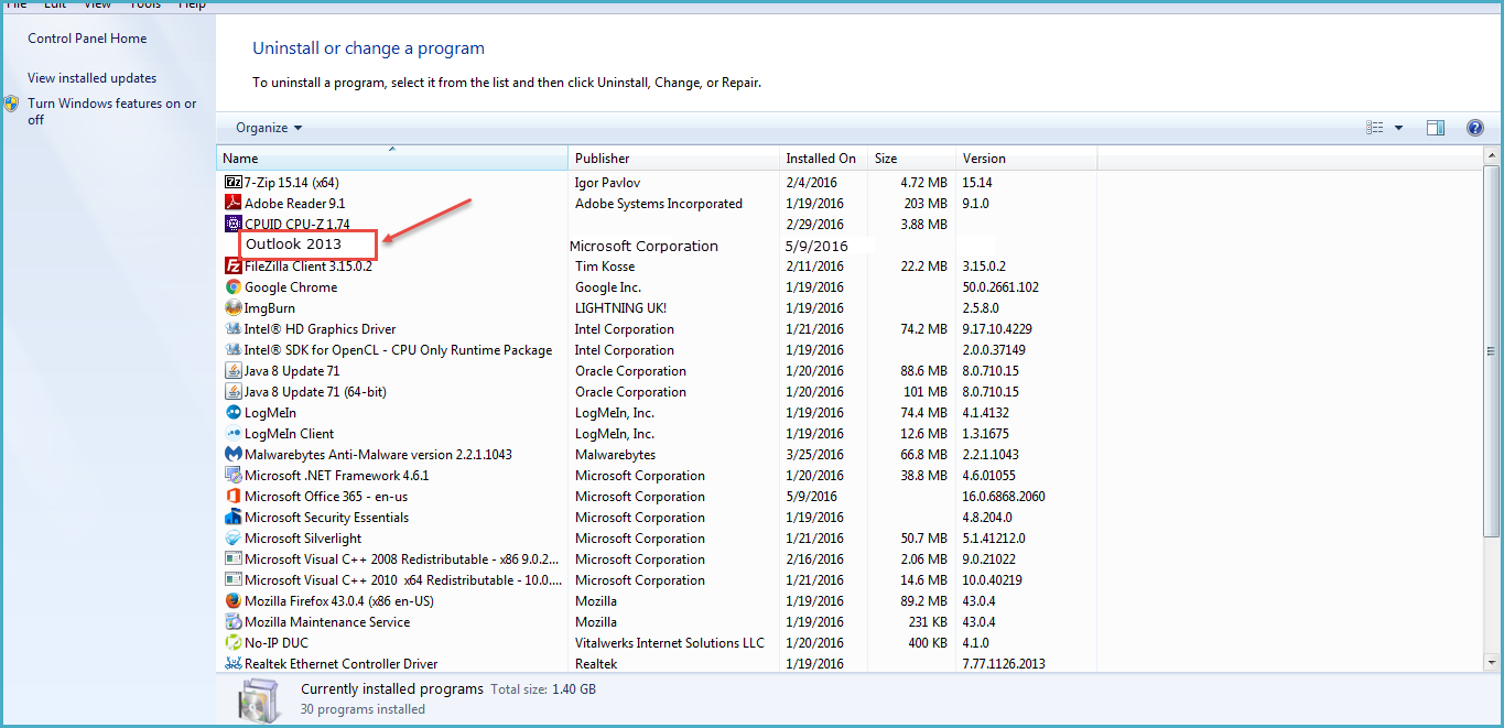 outlook 2013 9 uninstall or change program