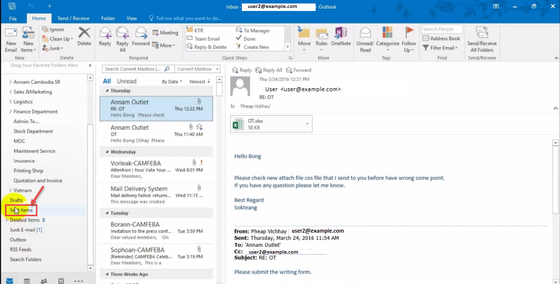 how to check sent mail in outlook