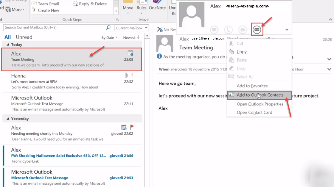 outlook 2016 11 add email contact