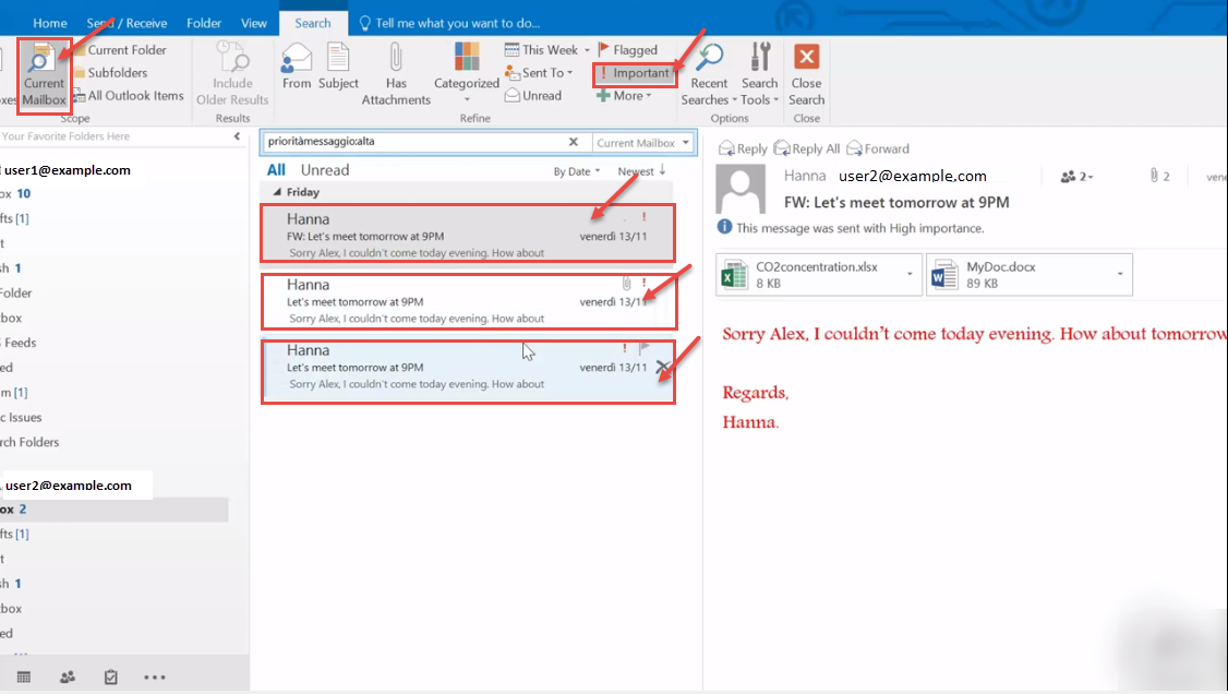 outlook 2016 12 important emails shown