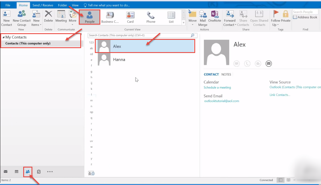 where is main contact list outlook 2016