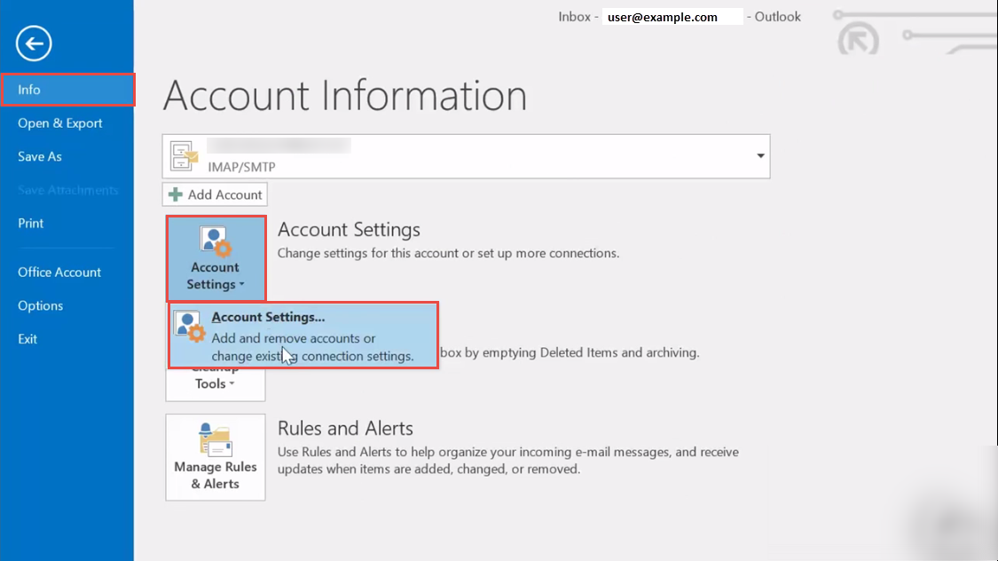 outlook 2016 2 account information