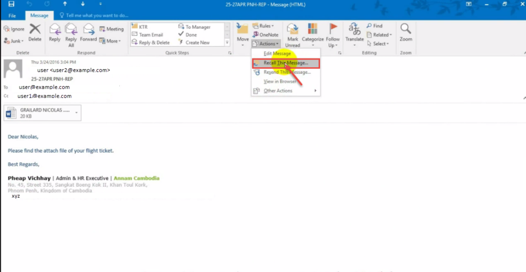 How To Re Call A Sent E Mail In Outlook 2016 Microsoft Outlook Support 1403