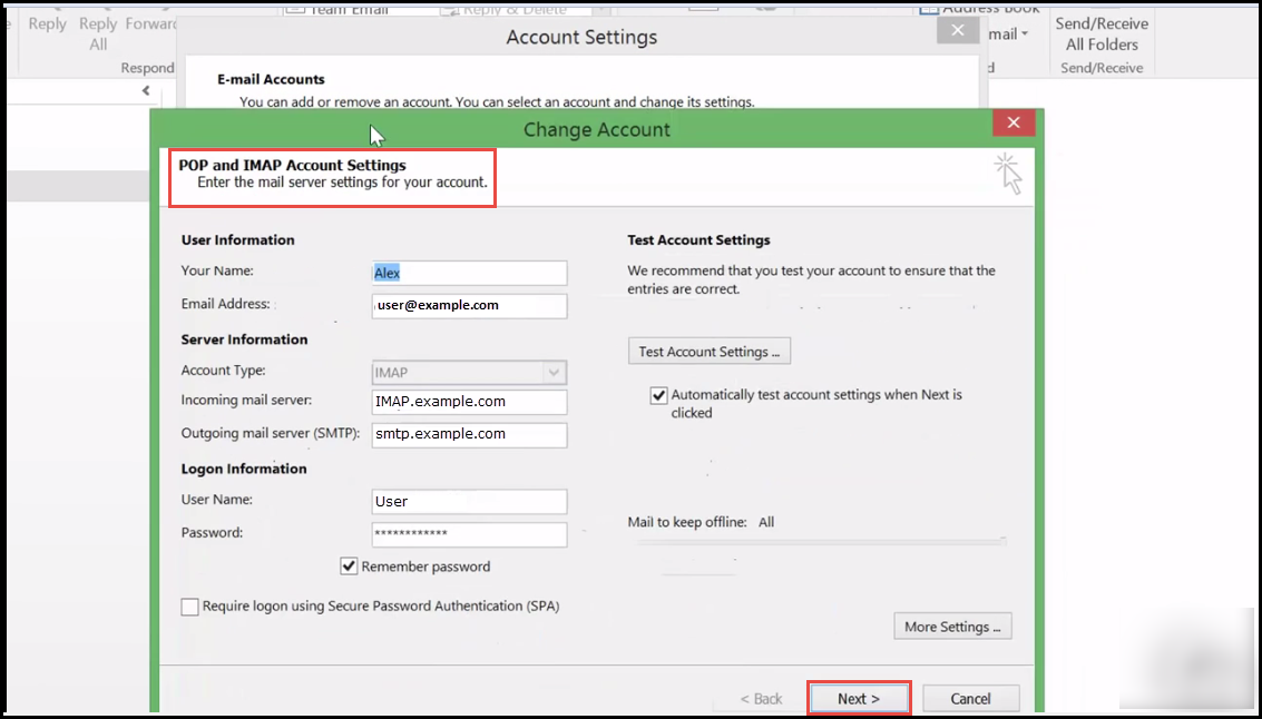 outlook 2016 9 pop imap of email settings