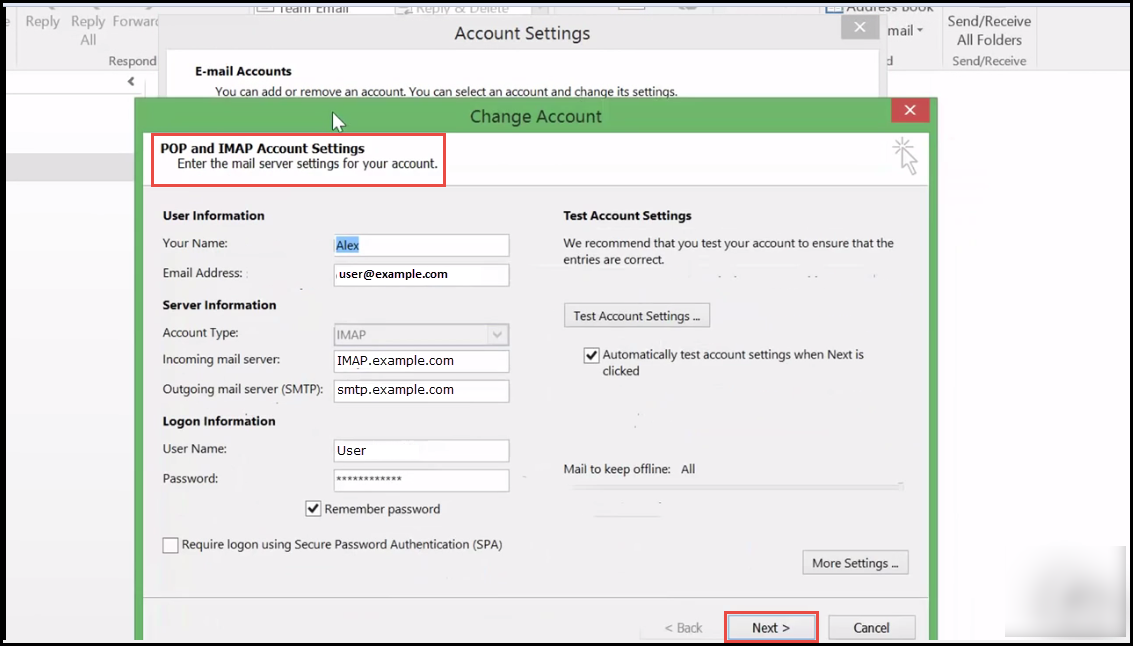 setting outlook account