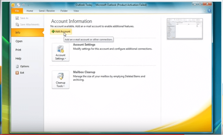 outlook 2010 10 add account