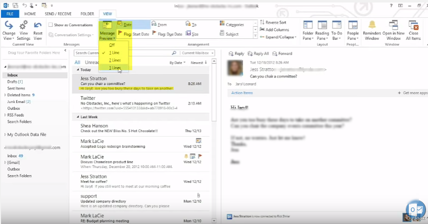 outlook 2013 5 message preview