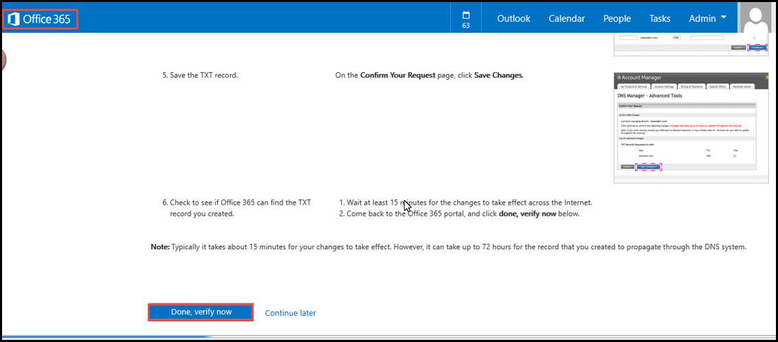 Office 365 15 change dns entries done verify now