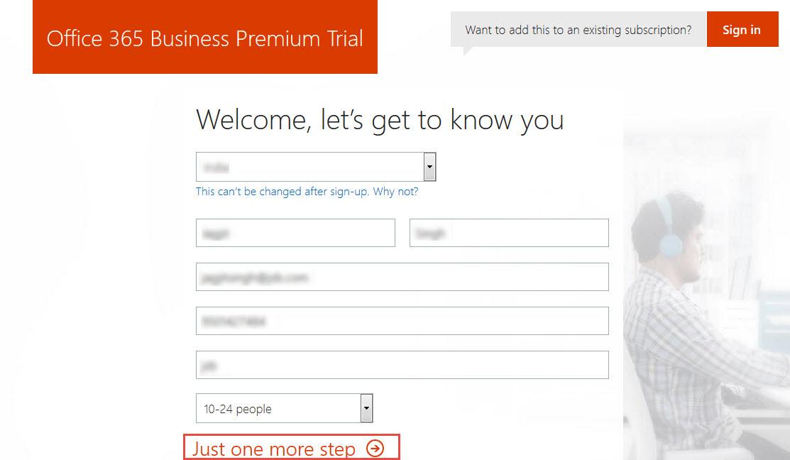 Office 365 2 create admin account fill details