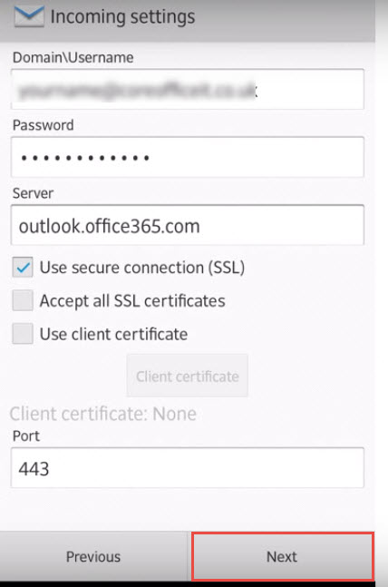 Office 365 5 connecting android next