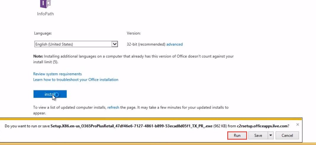 Office 365 6 install office run