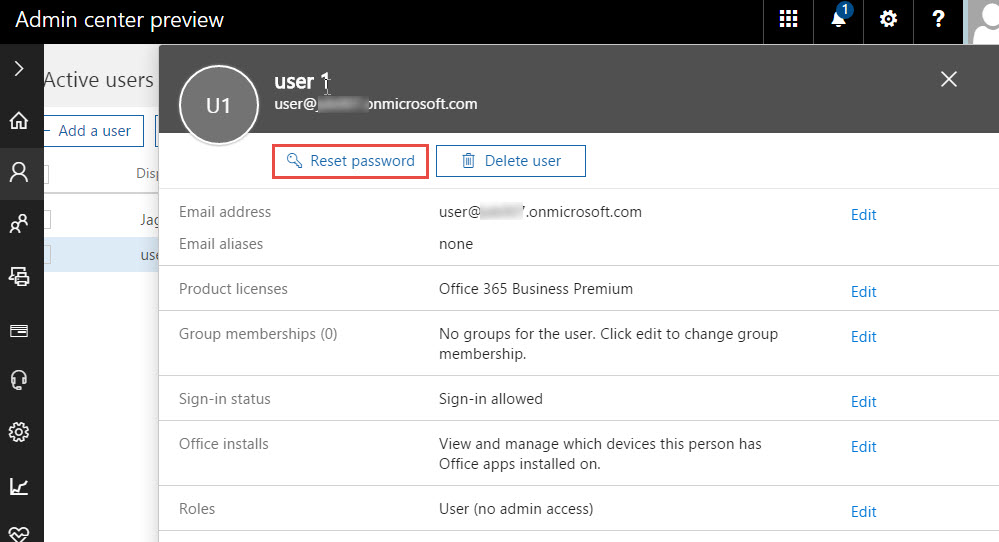 enable password reset office 365