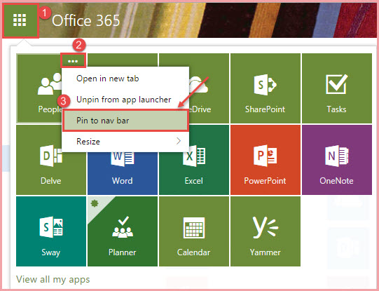 office 365 10 pin to nav app launcher features