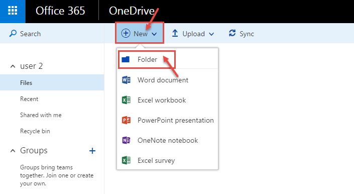 office 365 2 create new folder