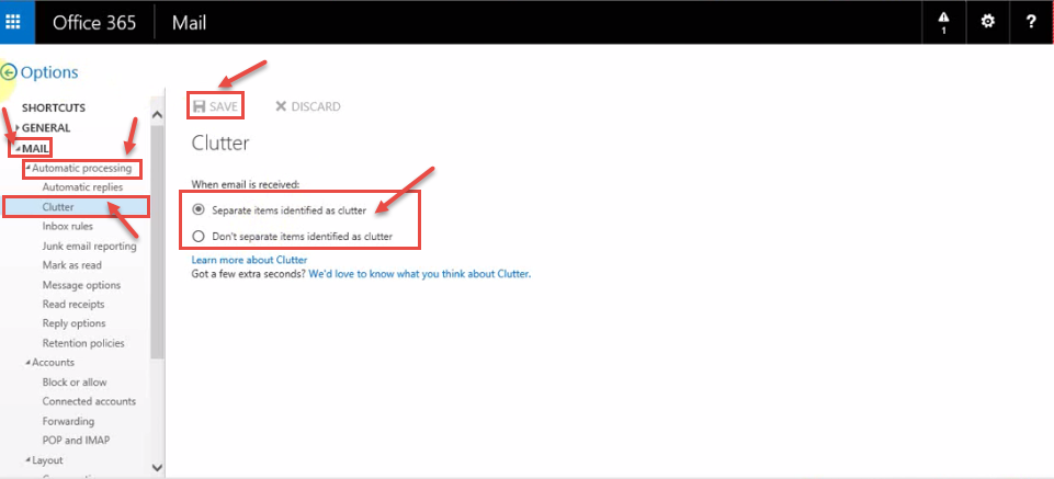 office 365 4 clutter mail setting