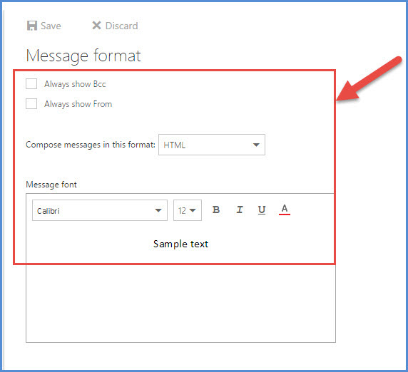 where are office 365 outlook mail message format settings