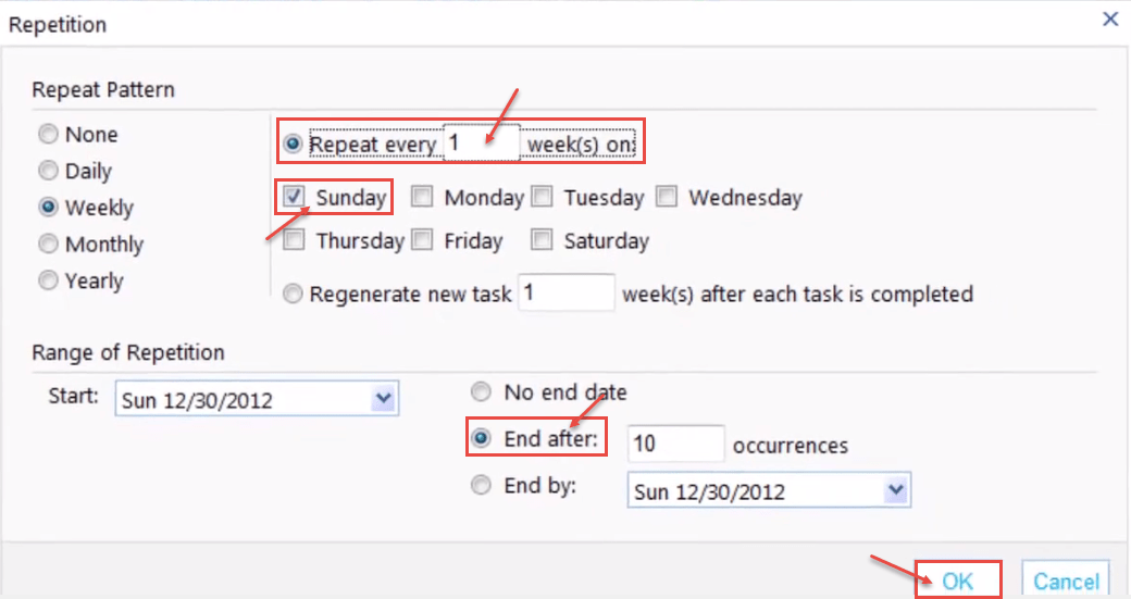 office 365 4 repetition reminder