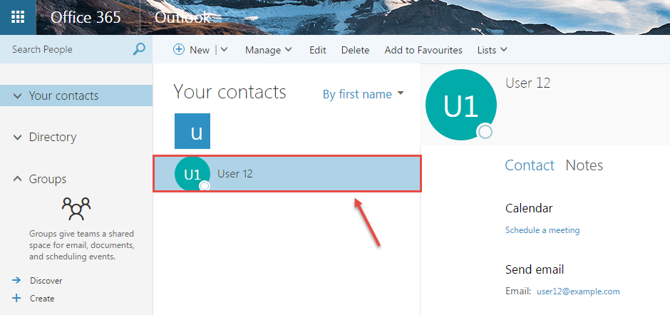 office 365 5 display new contact