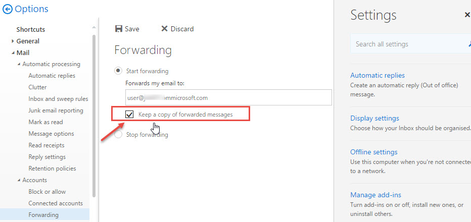 office 365 5 forwarding email keep copy