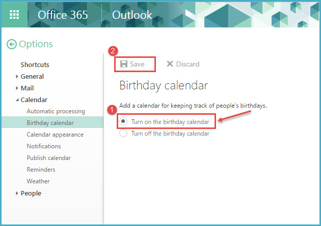 office 365 5 turn on birthday calendar