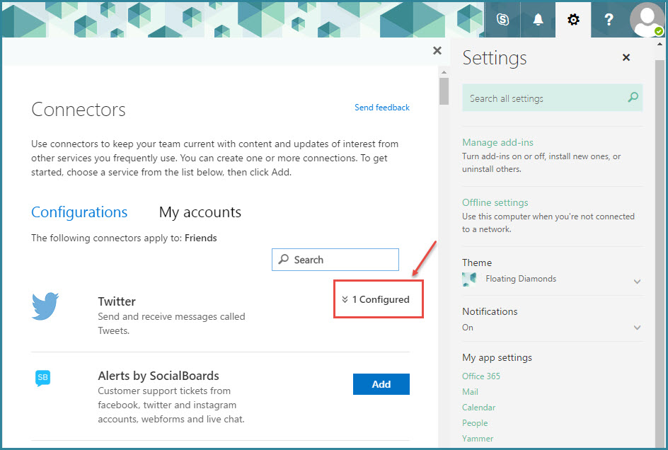 office 365 5 twitter remove connectors