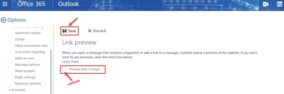 office 365 5 uncheck link preview