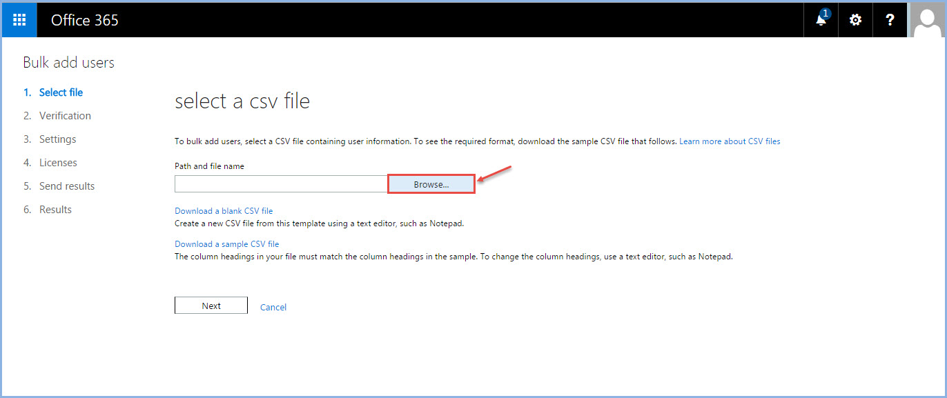 office 365 9 browse csv file