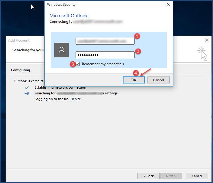 outlook 365 14 configure entering passward