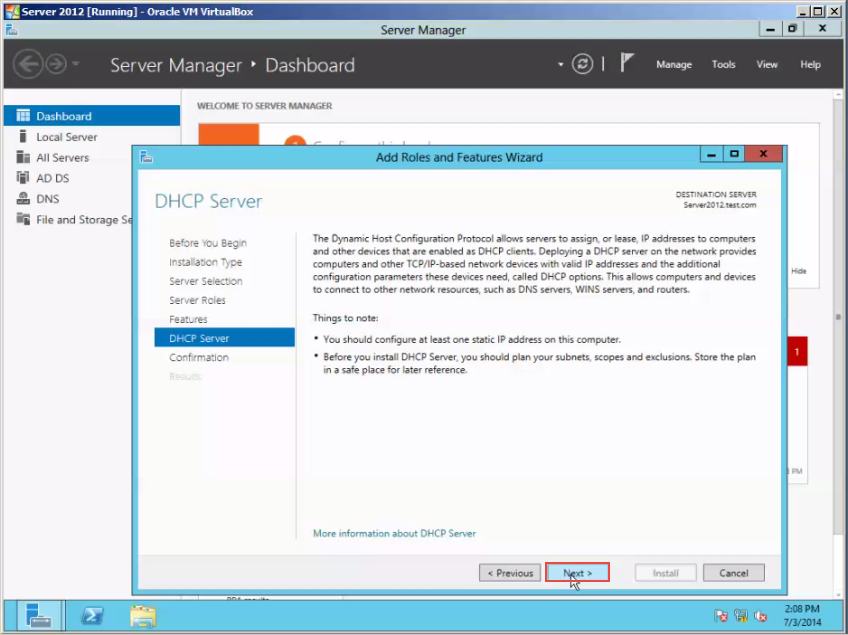 Server screen Install DHCP